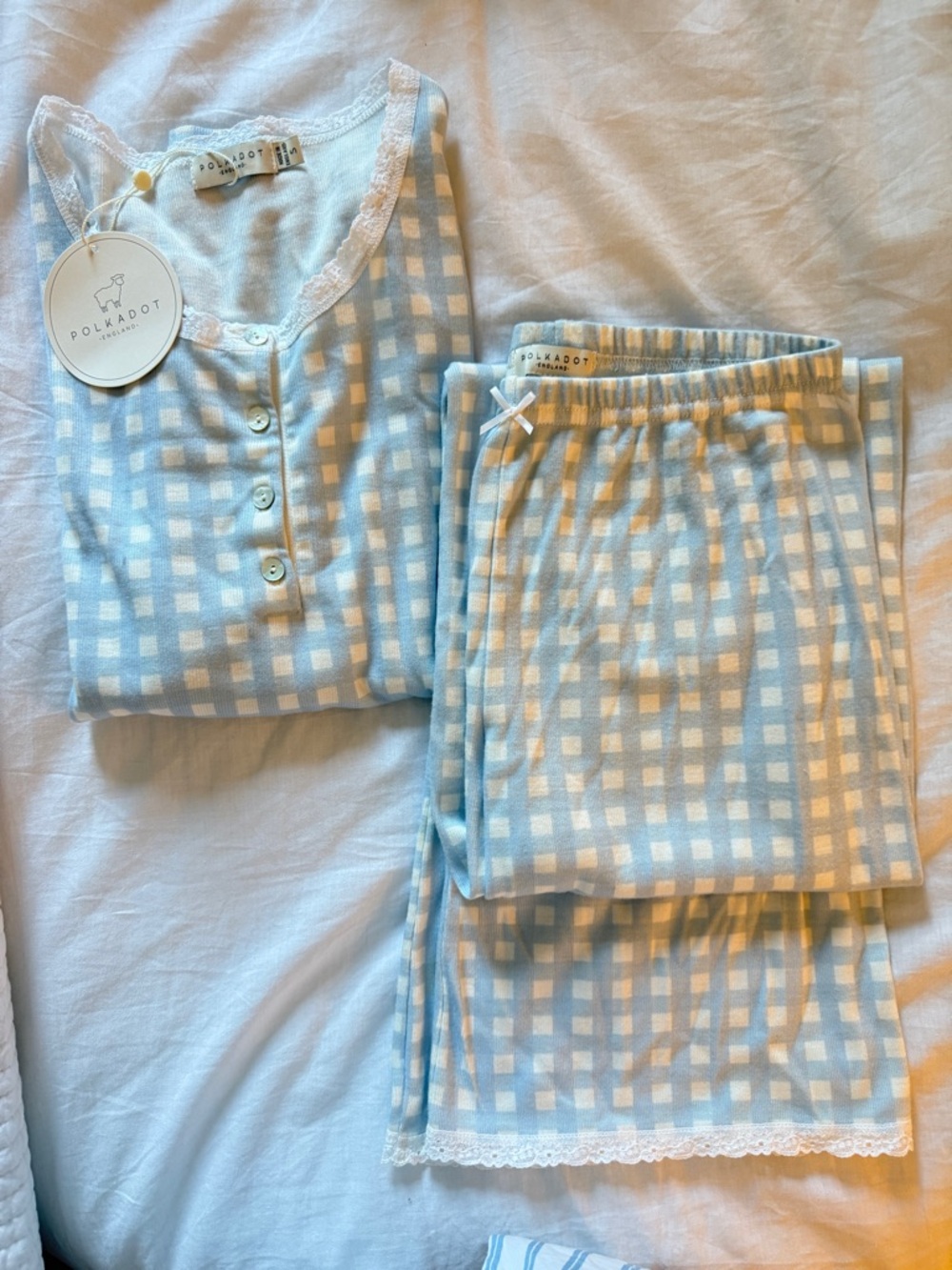 Womens Blue Gingham POLKADOT Pajama set